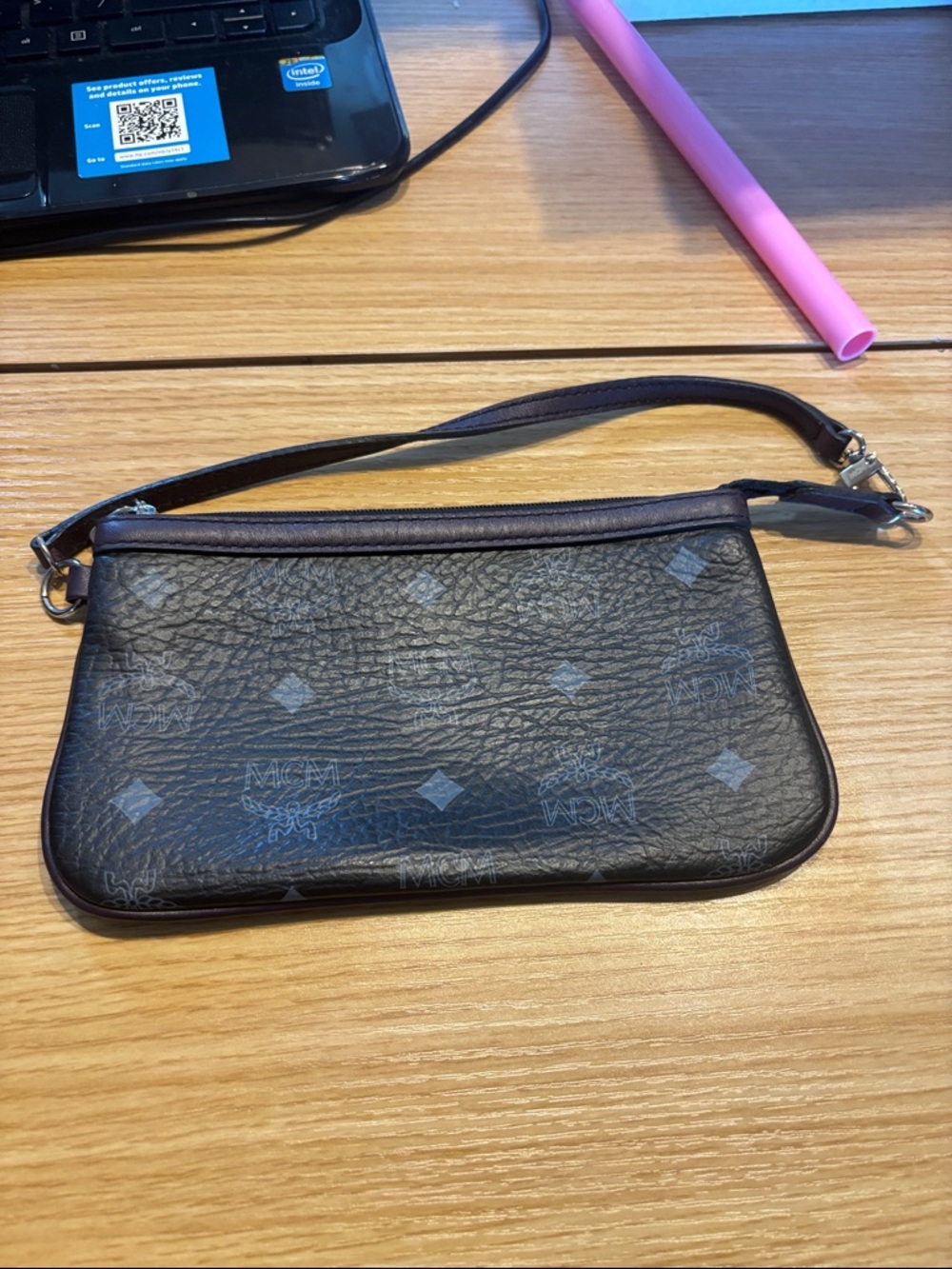 MCM Black and Dark Brown Monogram Wristlet Clutch